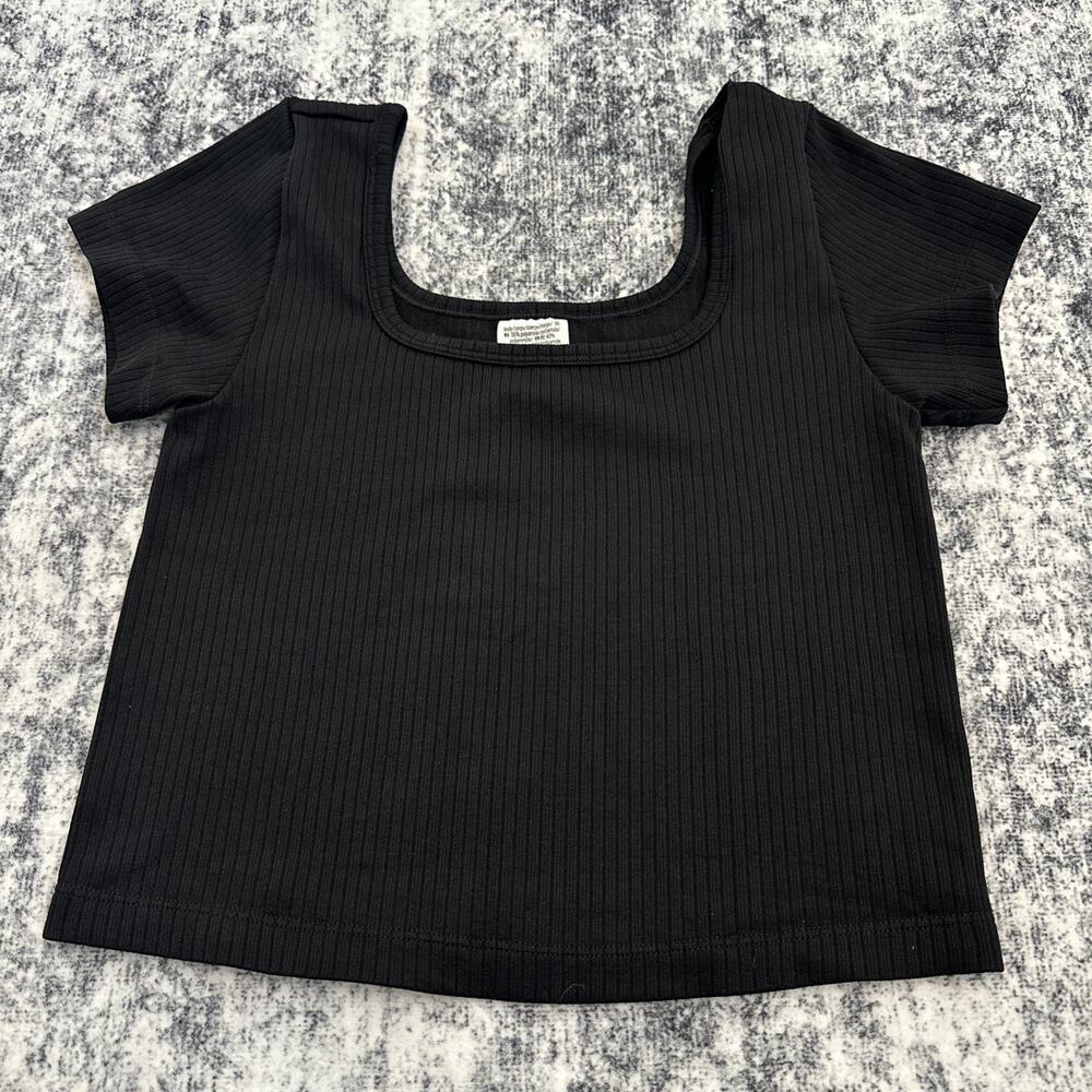 Victoria's Secret PINK Womens Shirt Size Small Black Crop Ribbed Square Neck Top